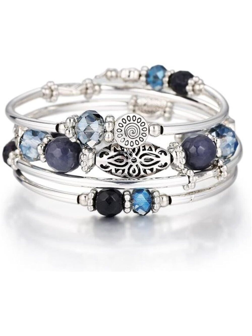 Boho beaded bracelet stack silver layered wrap crystal bangle fashion jewelry